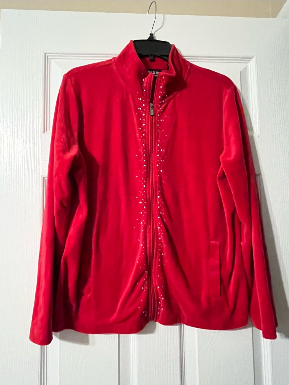 Red Velvet Women’s Zip-Front Jacket with Rhinestone Detail